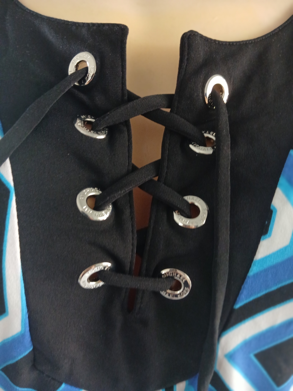 Michael Kors Blue Geometric Lace-Up Long Sleeve Top - Picture 3 of 9